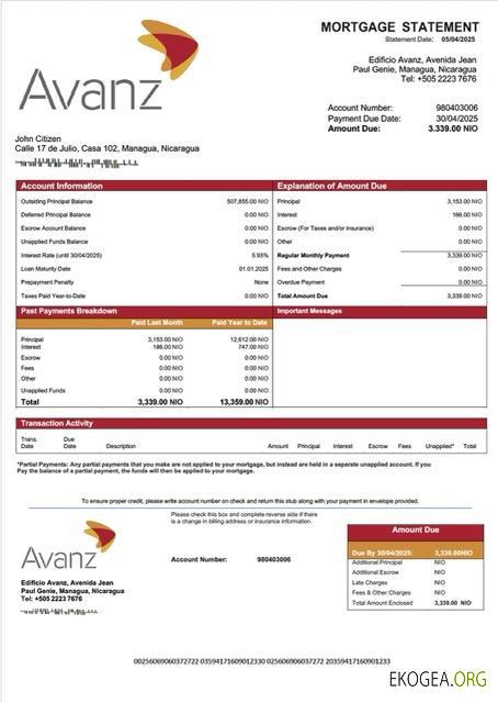 Modèle Word et PDF de relevé hypothécaire de la Banco Avanz du Nicaragua